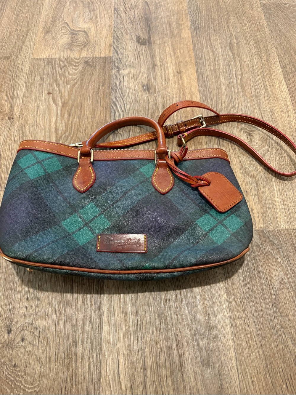 Dooney & Bourke Green Plaid Canvas Shoulder Bag with Brown Leather Trim